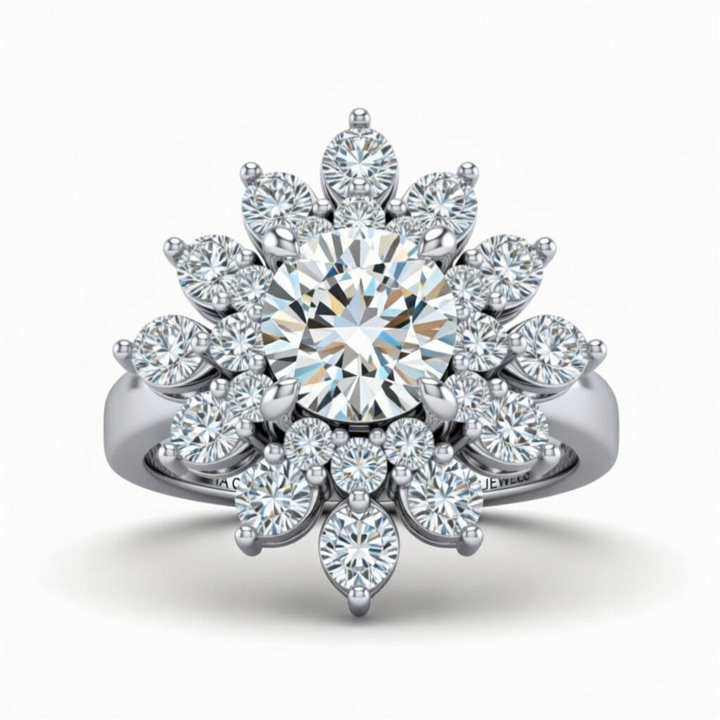 Silver Round Cut Cluster Halo Engagement Ring With Floral Diamond Frame