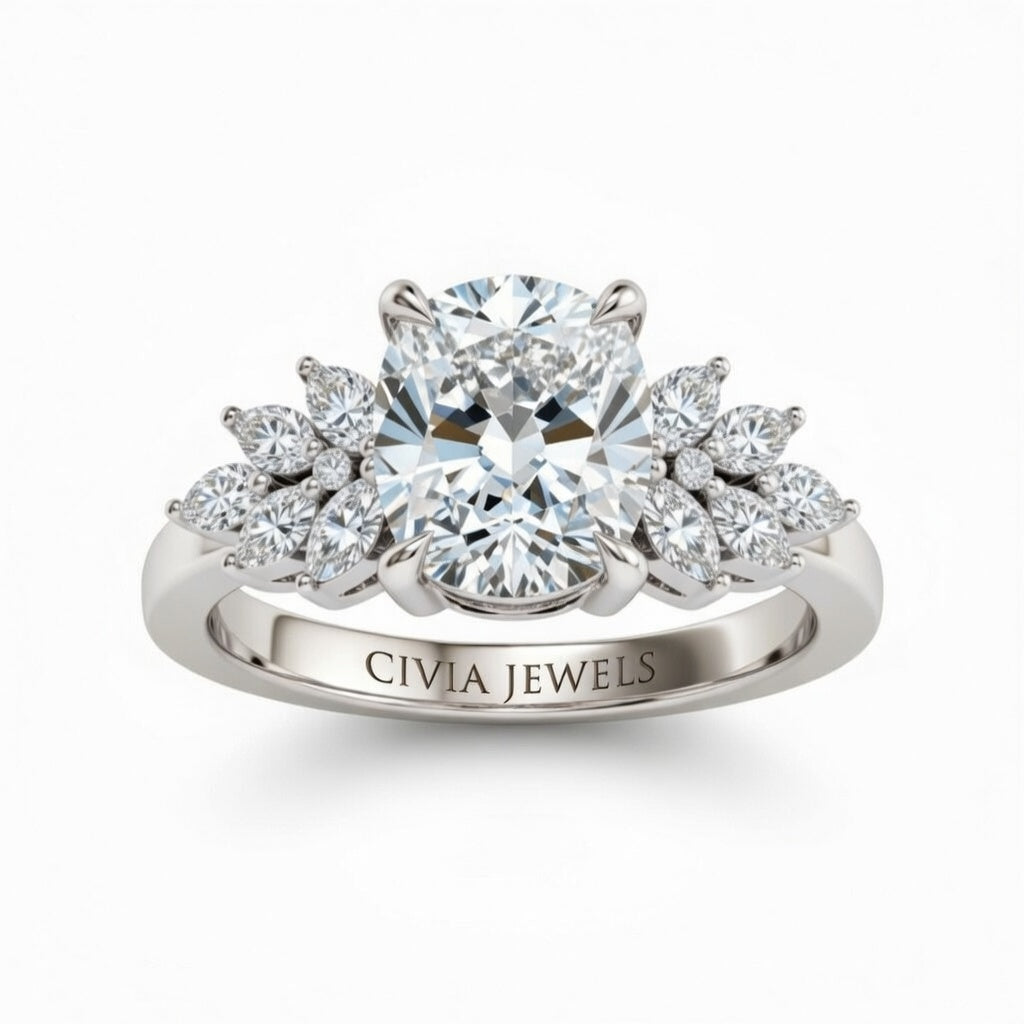 White Gold Cushion Cut Engagement Ring With Marquise Diamond Cluster Side Accents