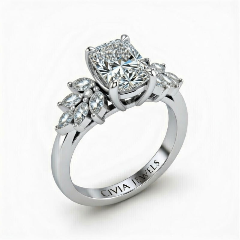 White Gold Cushion Cut Engagement Ring With Marquise Diamond Cluster Side Accents
