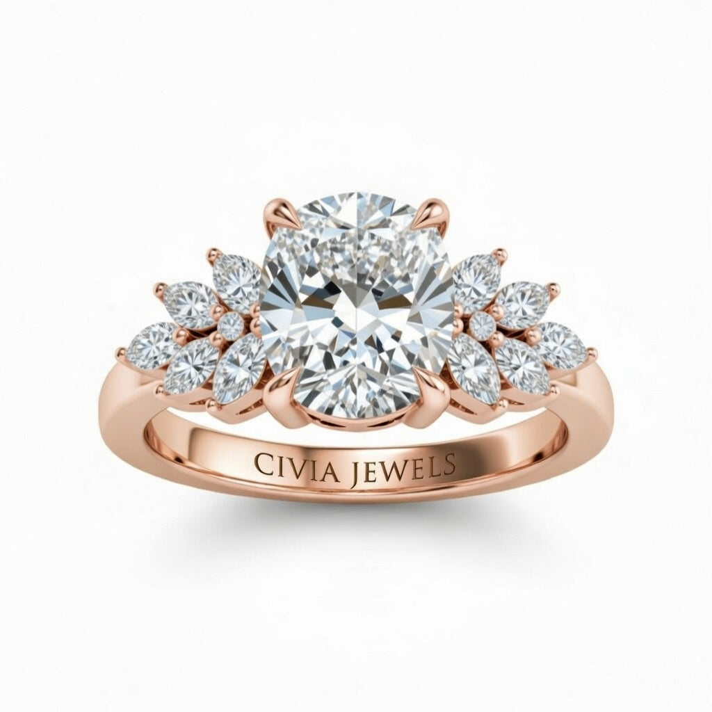 Rose Gold Cushion Cut Engagement Ring With Marquise Diamond Cluster Side Accents