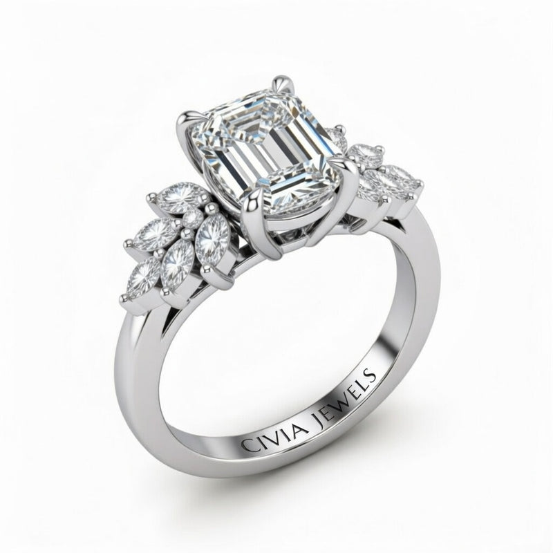 Silver Emerald Cut Engagement Ring With Marquise Diamond Cluster Side Accents