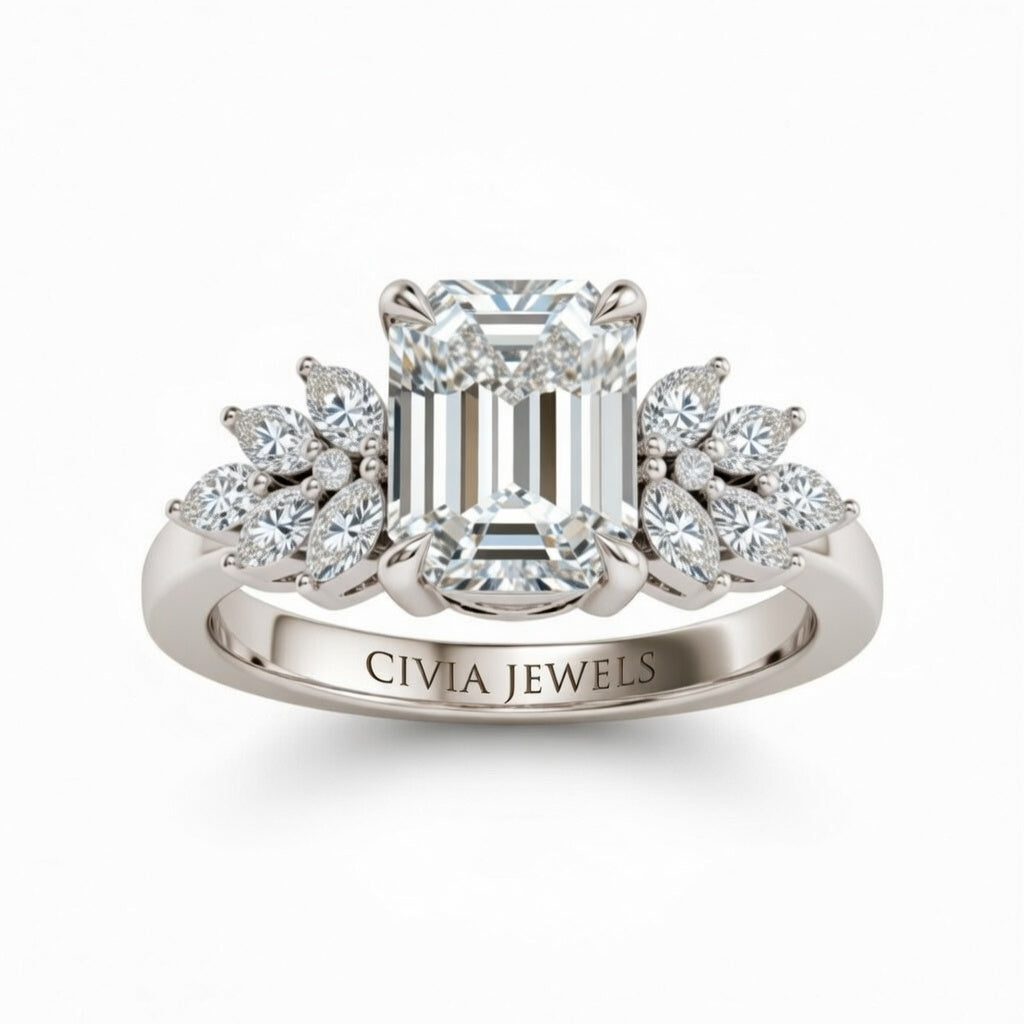 White Gold Emerald Cut Engagement Ring With Marquise Diamond Cluster Side Accents