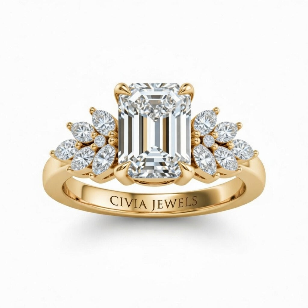 Yellow Gold Emerald Cut Engagement Ring With Marquise Diamond Cluster Side Accents