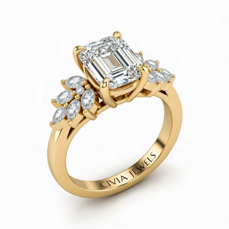 Yellow Gold Emerald Cut Engagement Ring With Marquise Diamond Cluster Side Accents