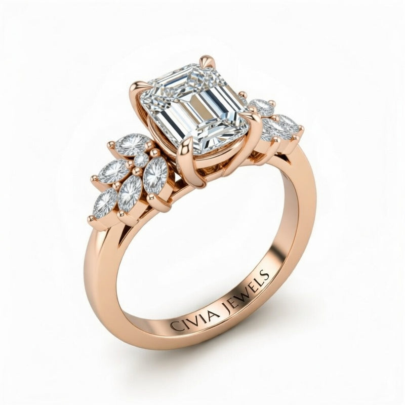 Rose Gold Emerald Cut Engagement Ring With Marquise Diamond Cluster Side Accents