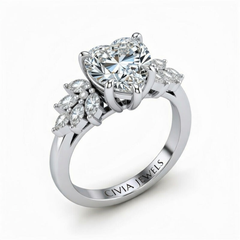 Silver Heart Cut Engagement Ring With Marquise Diamond Cluster Side Accents