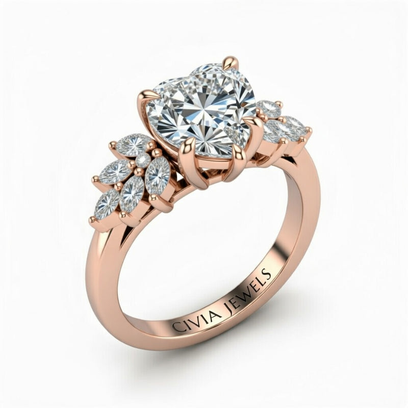 Rose Gold Heart Cut Engagement Ring With Marquise Diamond Cluster Side Accents