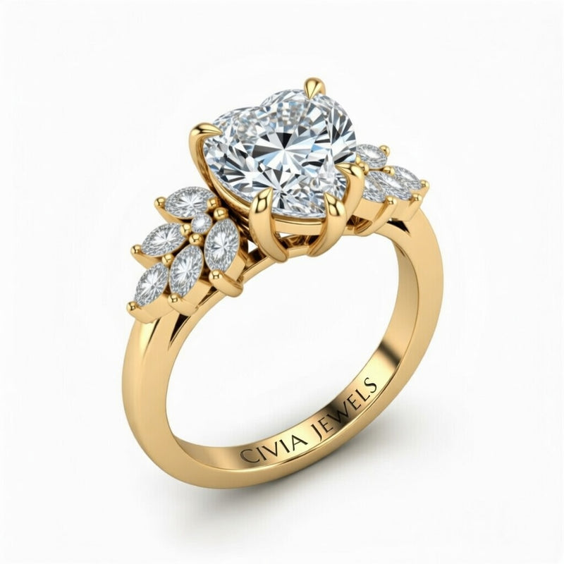 Yellow Gold Heart Cut Engagement Ring With Marquise Diamond Cluster Side Accents
