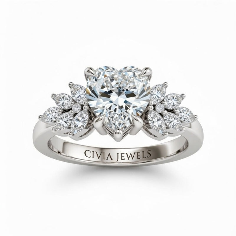 Silver Heart Cut Engagement Ring With Marquise Diamond Cluster Side Accents