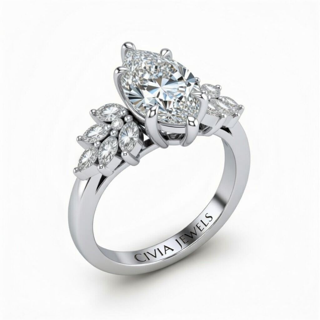 White Gold Marquise Cut Engagement Ring With Marquise Diamond Cluster Side Accents