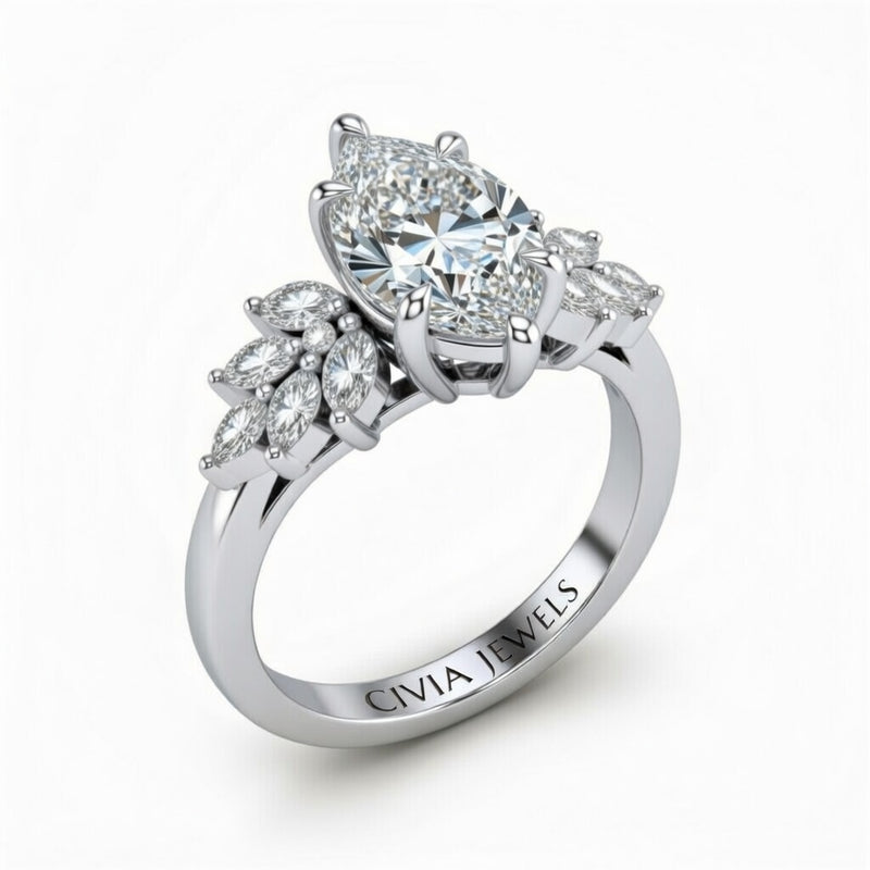 Silver Marquise Cut Engagement Ring With Marquise Diamond Cluster Side Accents