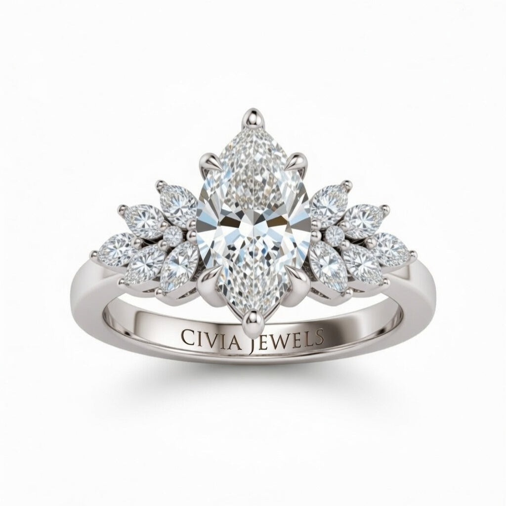 Silver Marquise Cut Engagement Ring With Marquise Diamond Cluster Side Accents