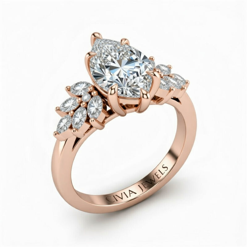 Rose Gold Marquise Cut Engagement Ring With Marquise Diamond Cluster Side Accents