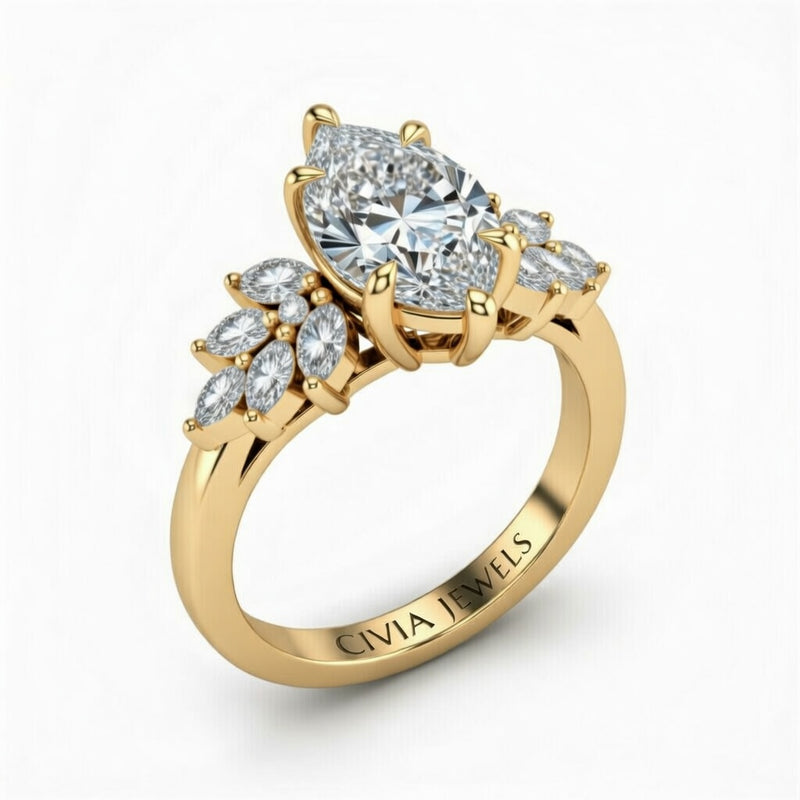 Yellow Gold Marquise Cut Engagement Ring With Marquise Diamond Cluster Side Accents