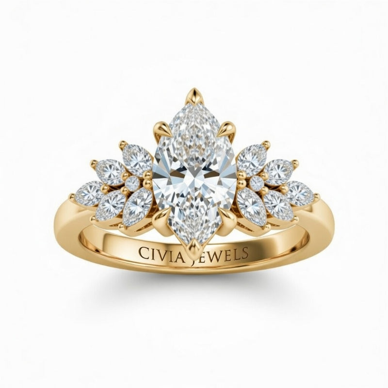 Yellow Gold Marquise Cut Engagement Ring With Marquise Diamond Cluster Side Accents