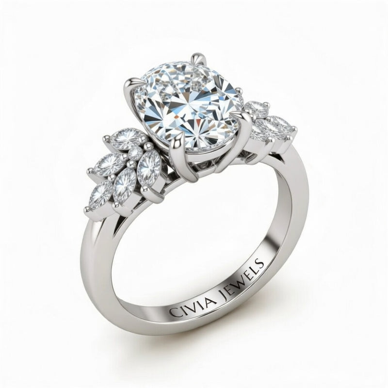 Silver Oval Cut Engagement Ring With Marquise Diamond Cluster Side Accents