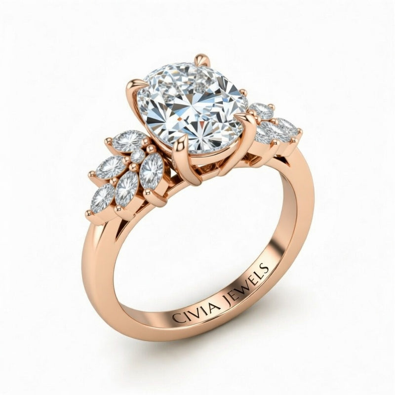 Rose Gold Oval Cut Engagement Ring With Marquise Diamond Cluster Side Accents