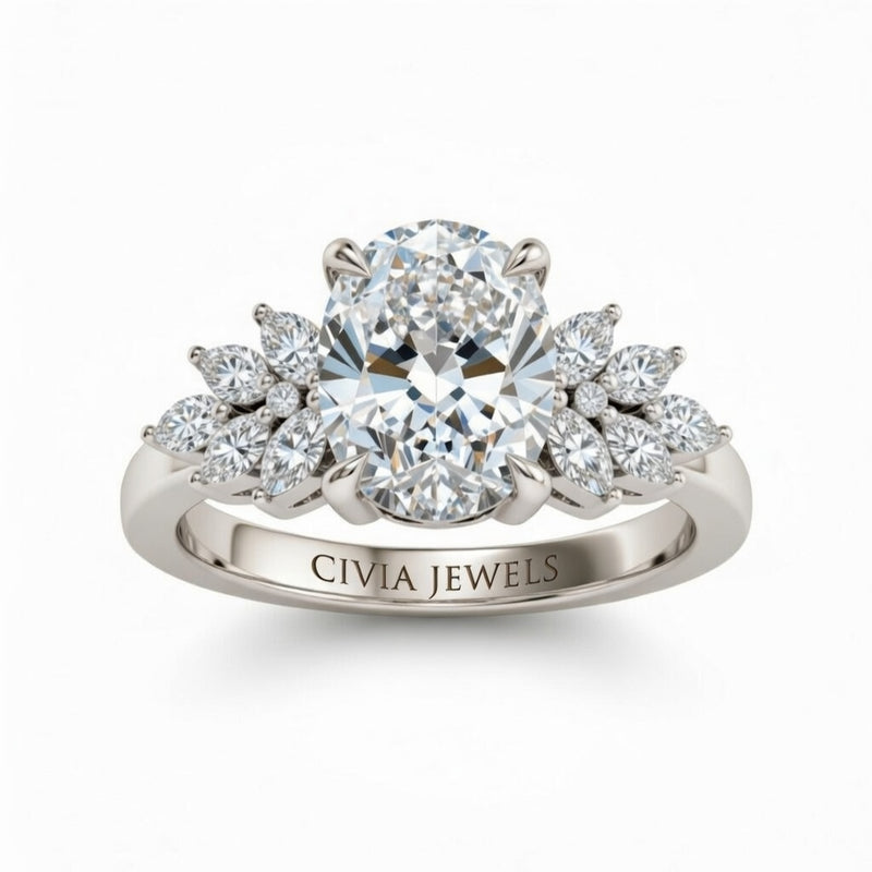 White Gold Oval Cut Engagement Ring With Marquise Diamond Cluster Side Accents
