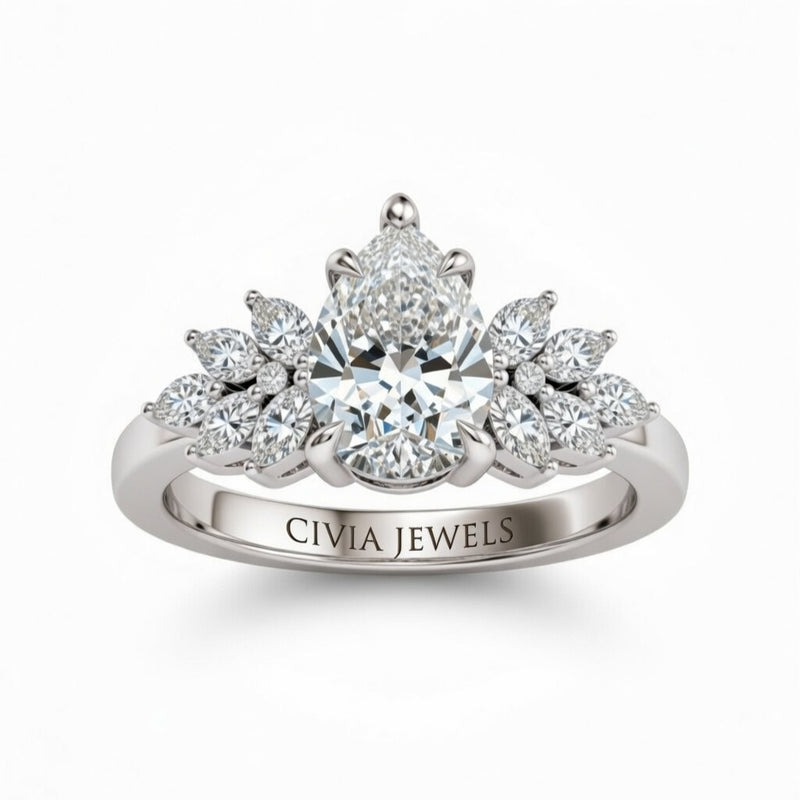 Silver Pear Cut Engagement Ring With Marquise Diamond Cluster Side Accents
