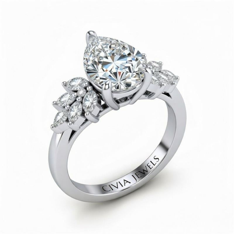 Silver Pear Cut Engagement Ring With Marquise Diamond Cluster Side Accents