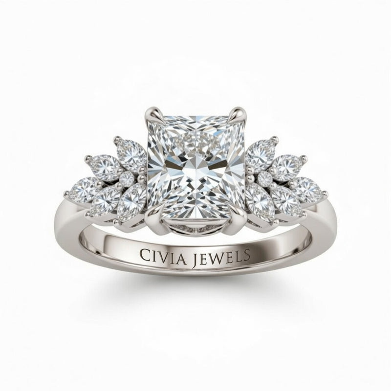 Silver Princess Cut Engagement Ring With Marquise Diamond Cluster Side Accents