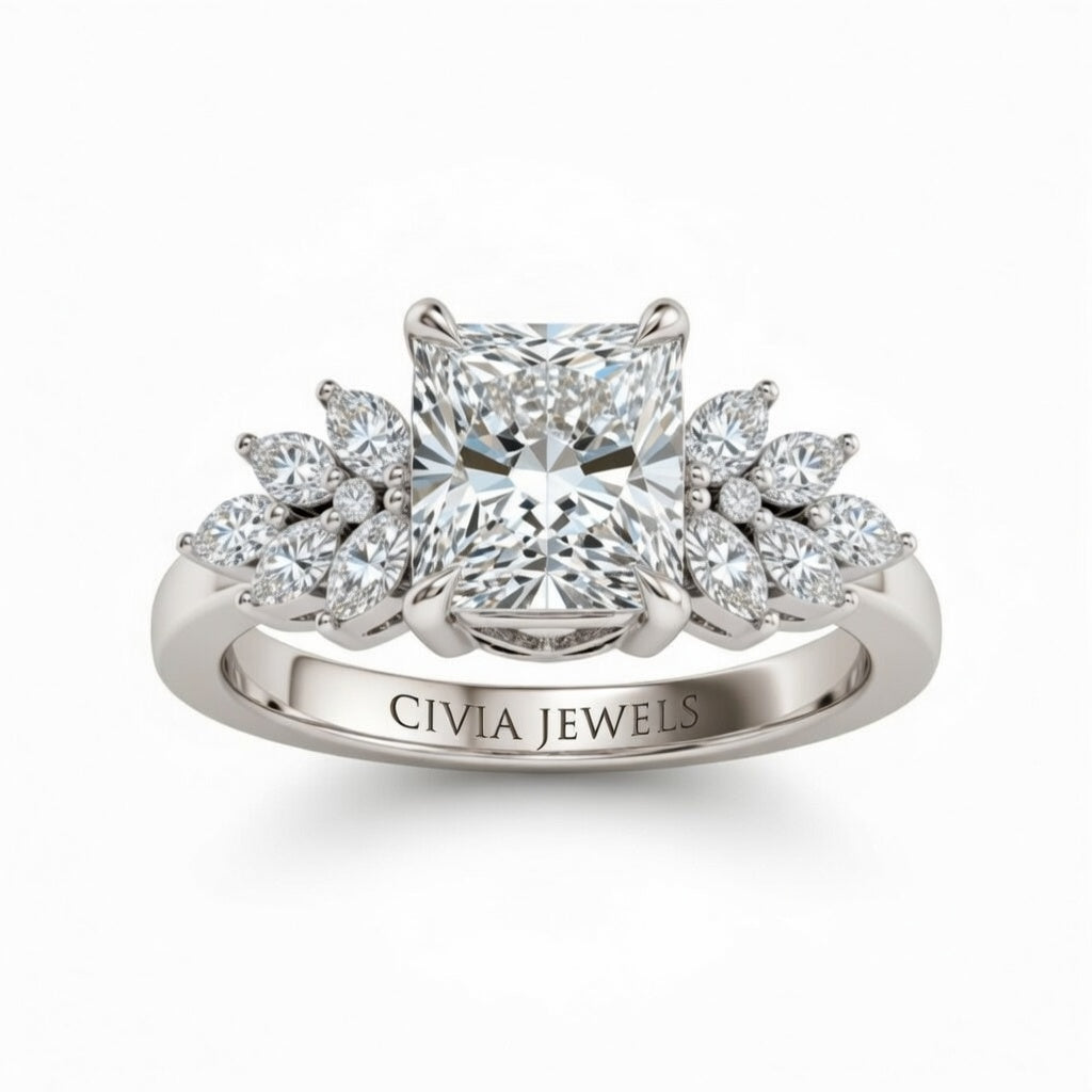 Silver Princess Cut Engagement Ring With Marquise Diamond Cluster Side Accents