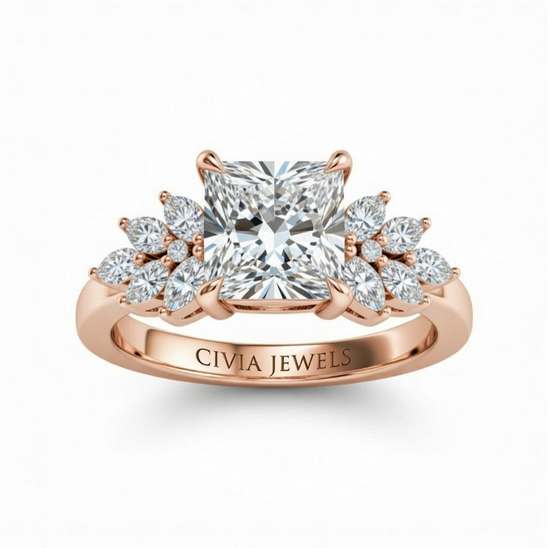 Rose Gold Princess Cut Engagement Ring With Marquise Diamond Cluster Side Accents