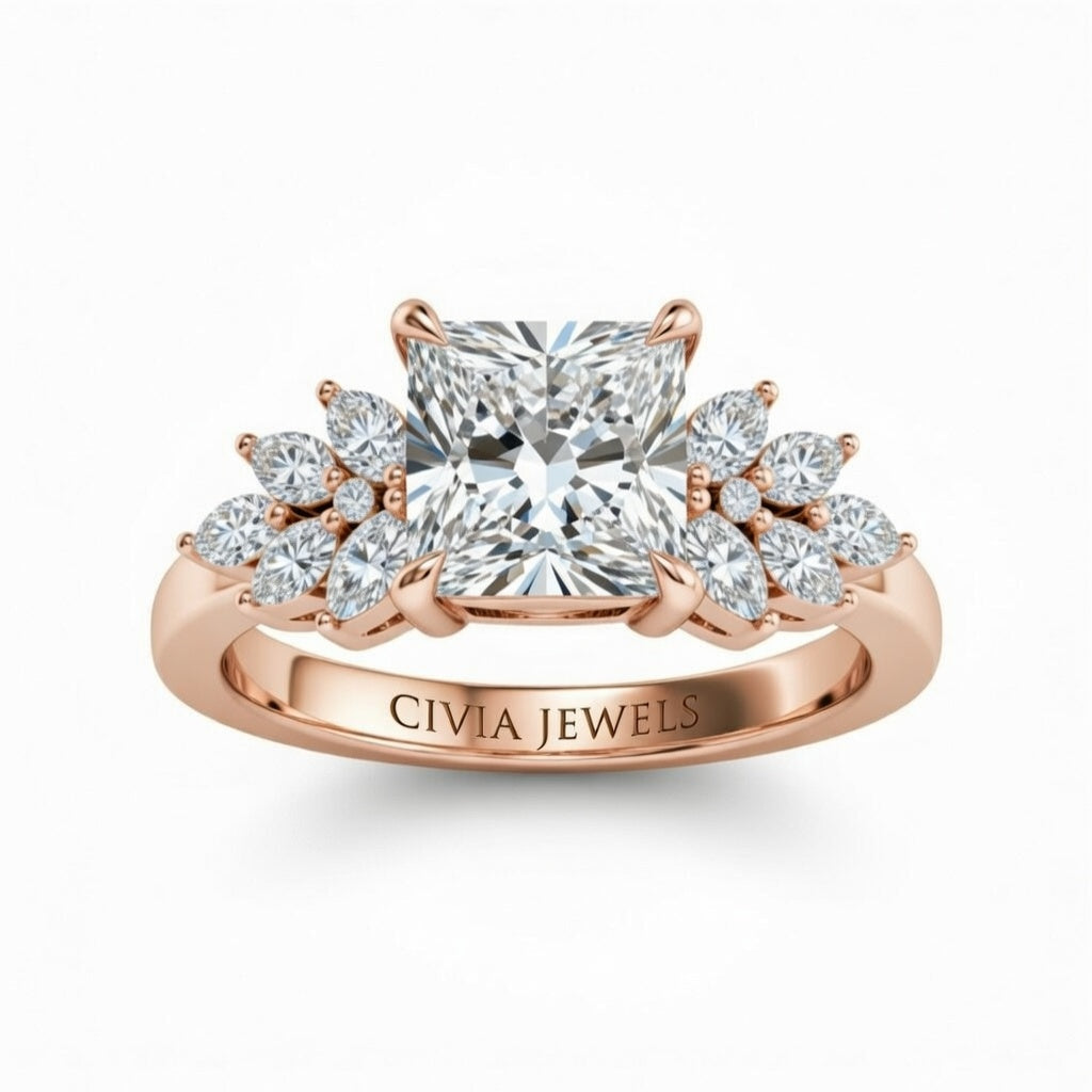 Rose Gold Princess Cut Engagement Ring With Marquise Diamond Cluster Side Accents