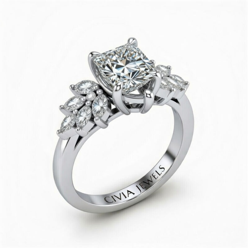 White Gold Princess Cut Engagement Ring With Marquise Diamond Cluster Side Accents