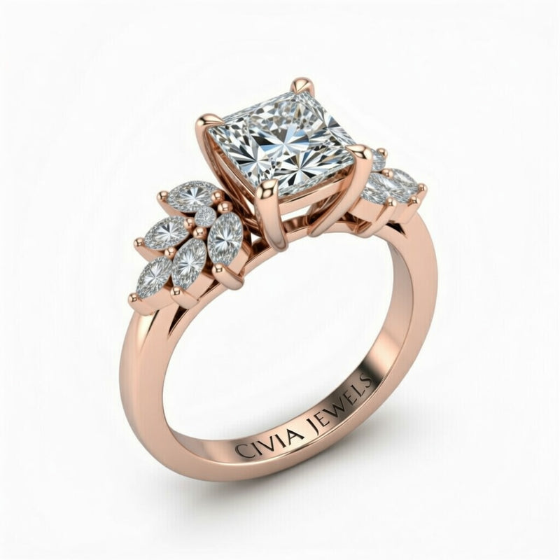 Rose Gold Princess Cut Engagement Ring With Marquise Diamond Cluster Side Accents