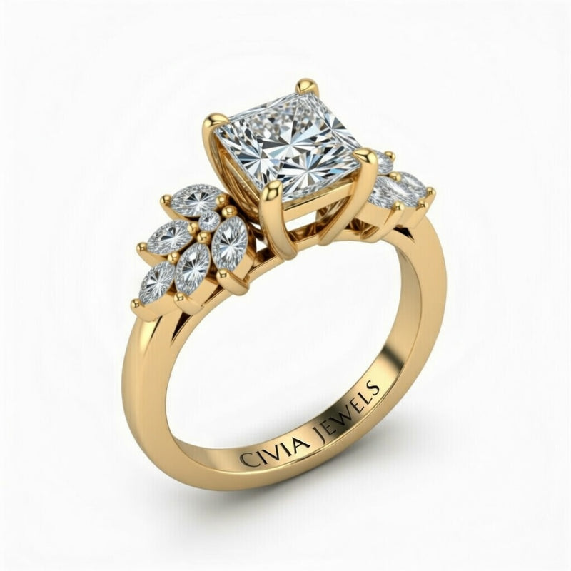 Yellow Gold Princess Cut Engagement Ring With Marquise Diamond Cluster Side Accents