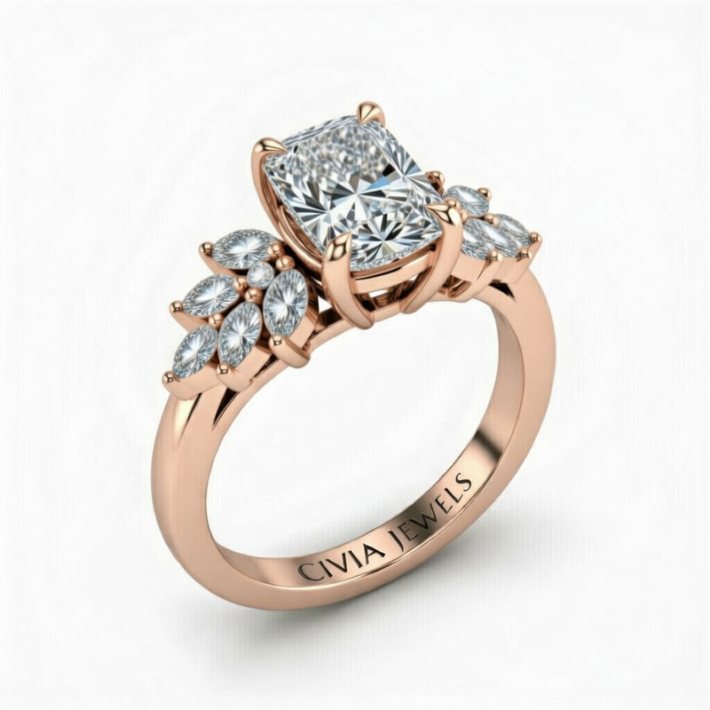 Rose Gold Radiant Cut Engagement Ring With Marquise Diamond Cluster Side Accents
