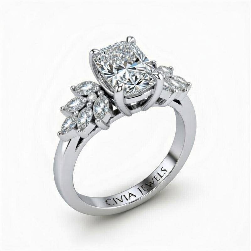 Silver Radiant Cut Engagement Ring With Marquise Diamond Cluster Side Accents