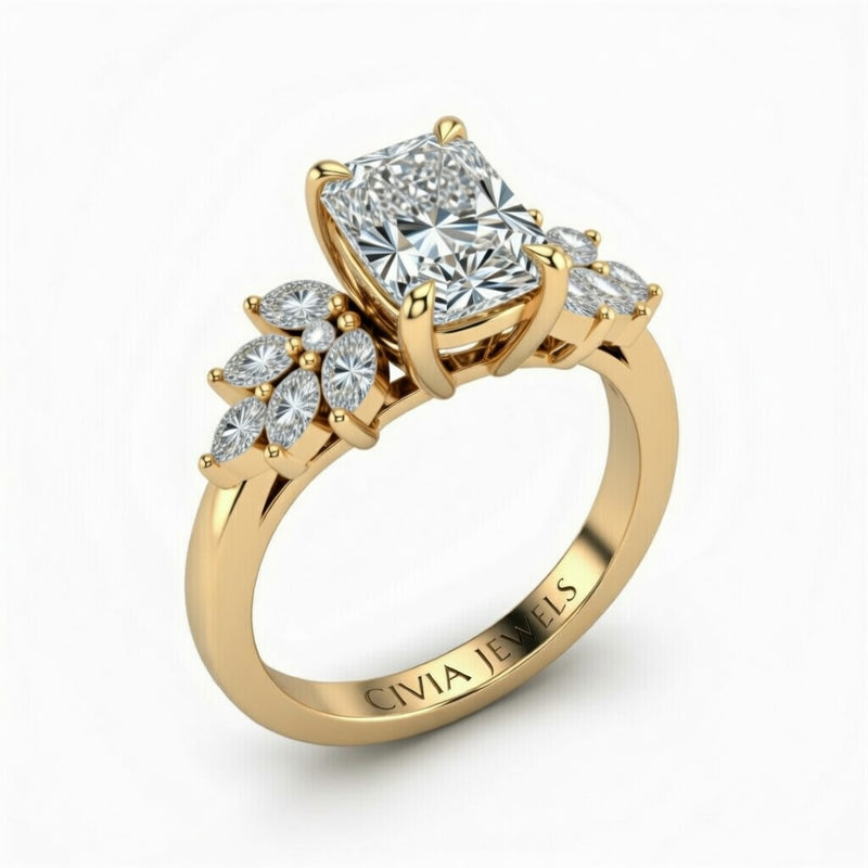 Yellow Gold Radiant Cut Engagement Ring With Marquise Diamond Cluster Side Accents