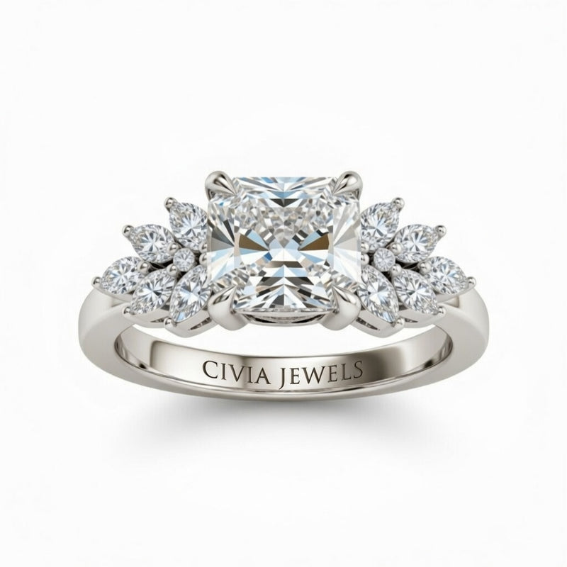White Gold Radiant Cut Engagement Ring With Marquise Diamond Cluster Side Accents