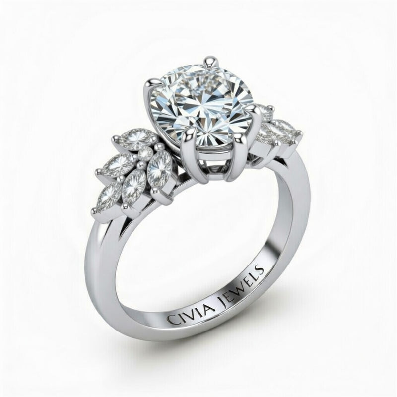 Silver Round Cut Engagement Ring With Marquise Diamond Cluster Side Accents
