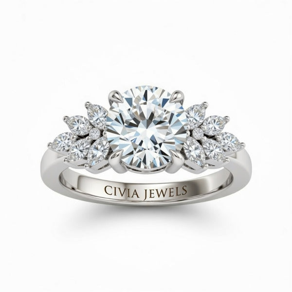 Silver Round Cut Engagement Ring With Marquise Diamond Cluster Side Accents
