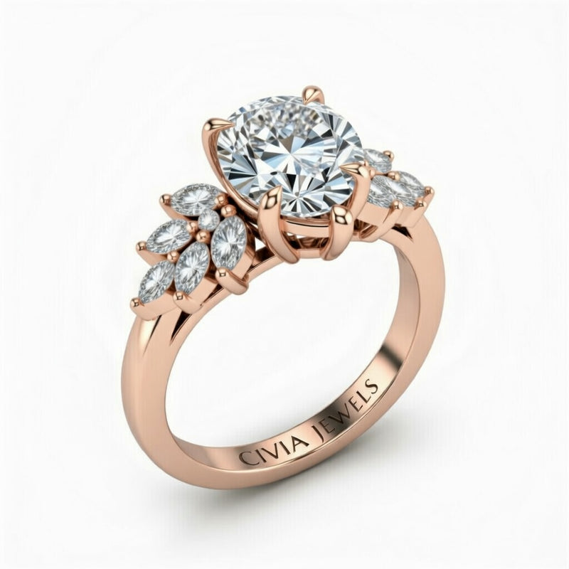 Rose Gold Round Cut Engagement Ring With Marquise Diamond Cluster Side Accents