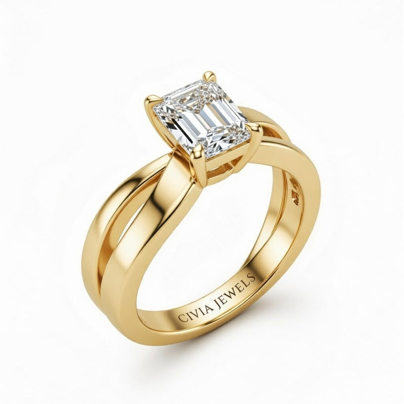 Yellow Gold Emerald Cut Solitaire Engagement Ring With Sculpted Multirow Twist Shank