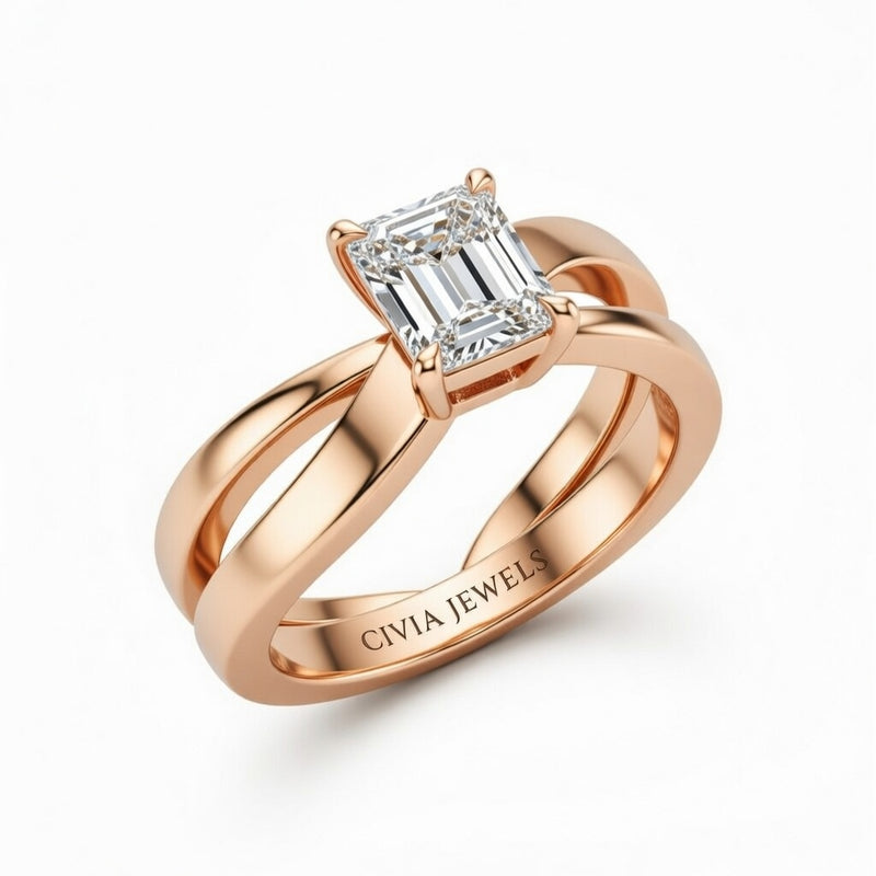 Rose Gold Emerald Cut Solitaire Engagement Ring With Sculpted Multirow Twist Shank