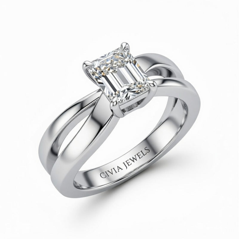 White Gold Emerald Cut Solitaire Engagement Ring With Sculpted Multirow Twist Shank