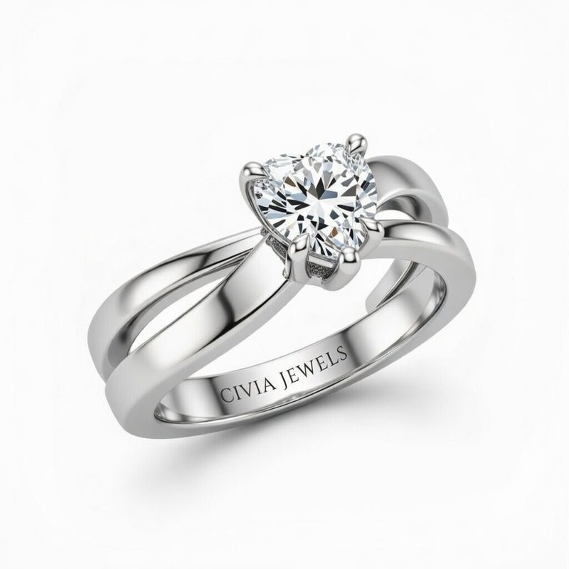 Silver Heart Cut Solitaire Engagement Ring With Sculpted Multirow Twist Shank