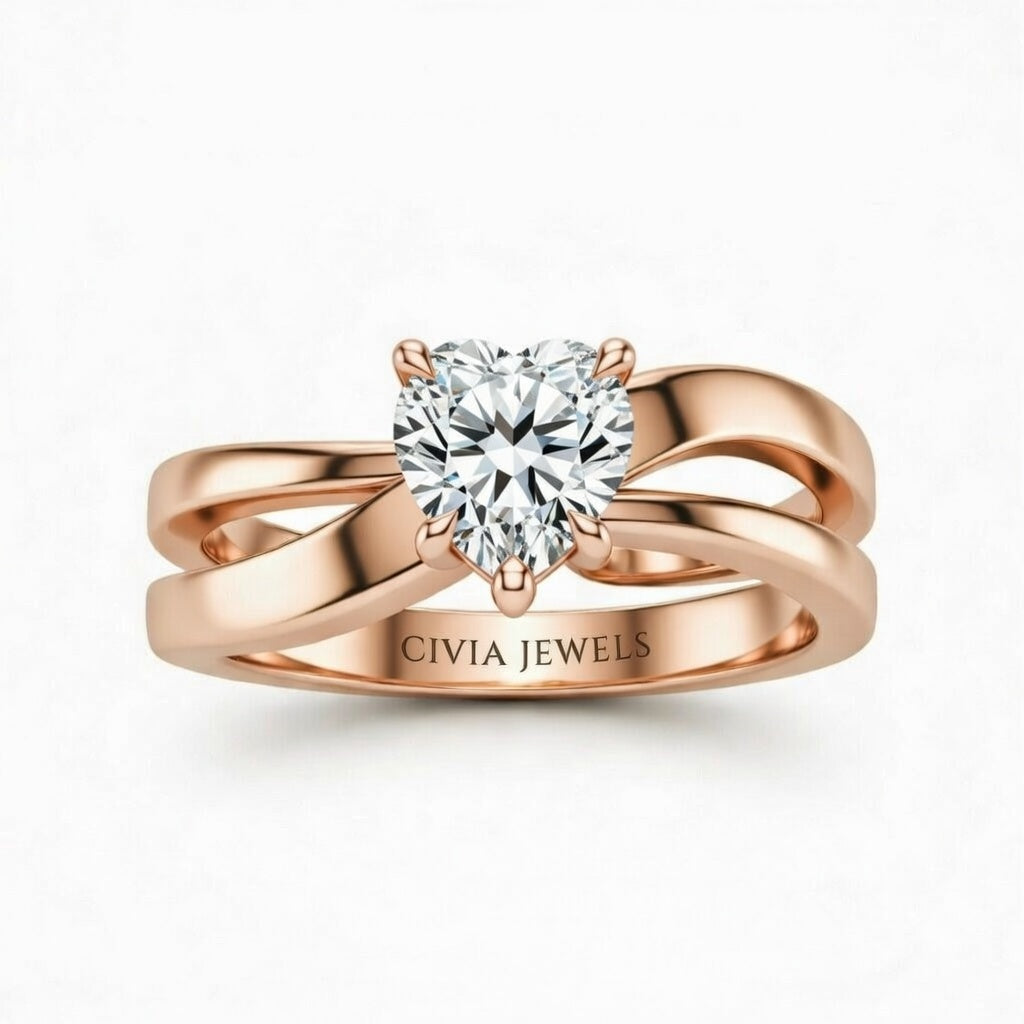 Rose Gold Heart Cut Solitaire Engagement Ring With Sculpted Multirow Twist Shank