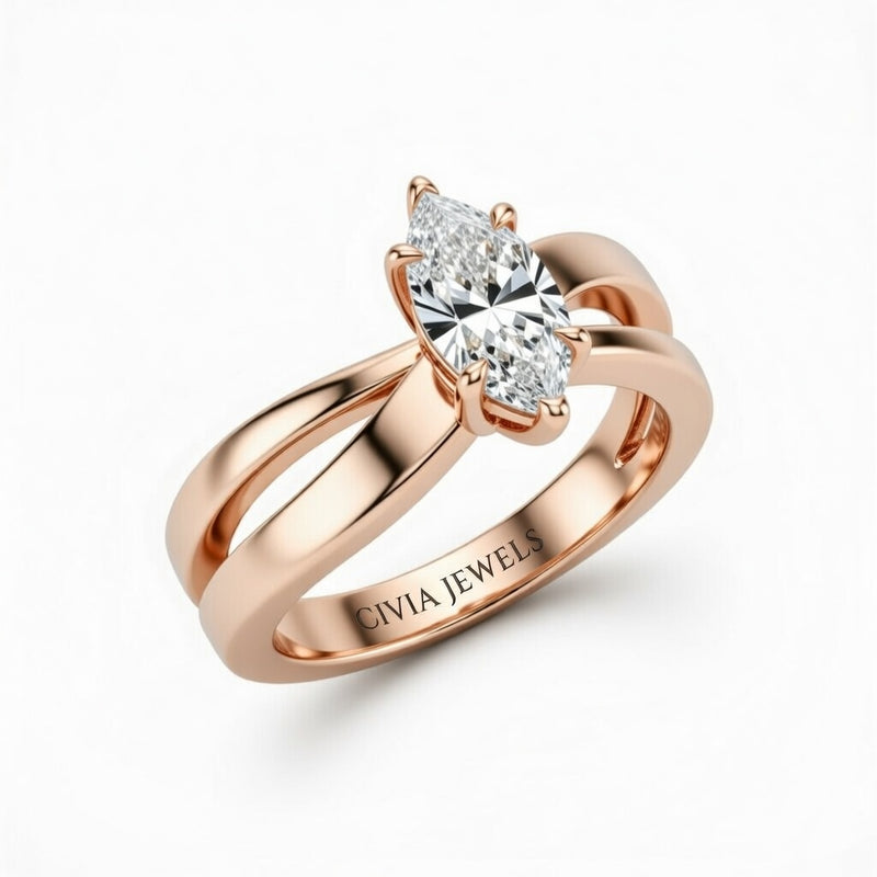 Rose Gold Marquise Cut Solitaire Engagement Ring With Sculpted Multirow Twist Shank