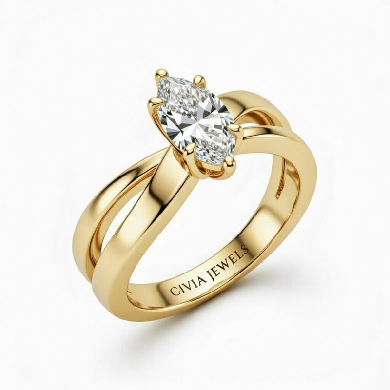 Yellow Gold Marquise Cut Solitaire Engagement Ring With Sculpted Multirow Twist Shank
