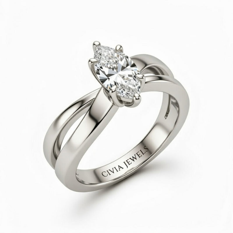 White Gold Marquise Cut Solitaire Engagement Ring With Sculpted Multirow Twist Shank