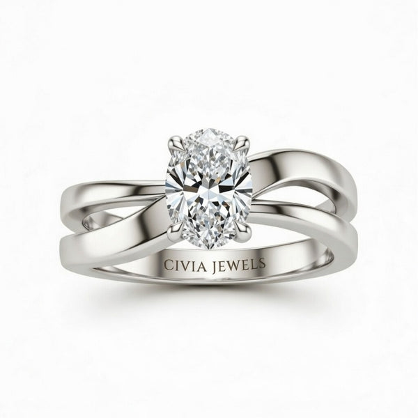 White Gold Oval Cut Solitaire Engagement Ring With Sculpted Multirow Twist Shank