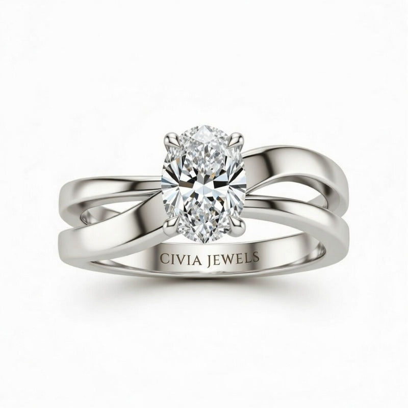 Silver Oval Cut Solitaire Engagement Ring With Sculpted Multirow Twist Shank