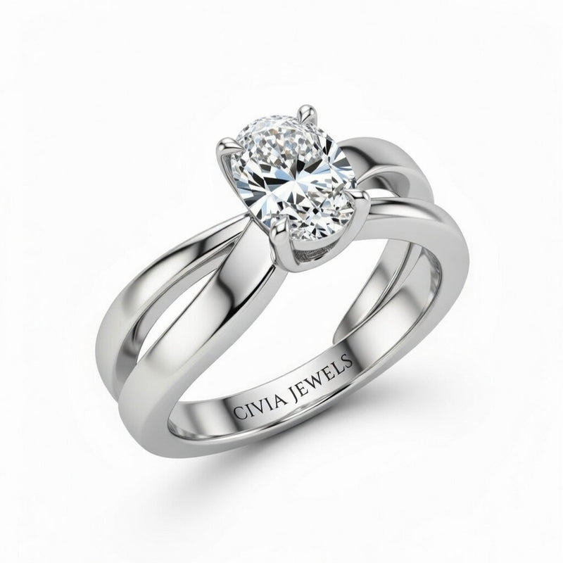 White Gold Oval Cut Solitaire Engagement Ring With Sculpted Multirow Twist Shank
