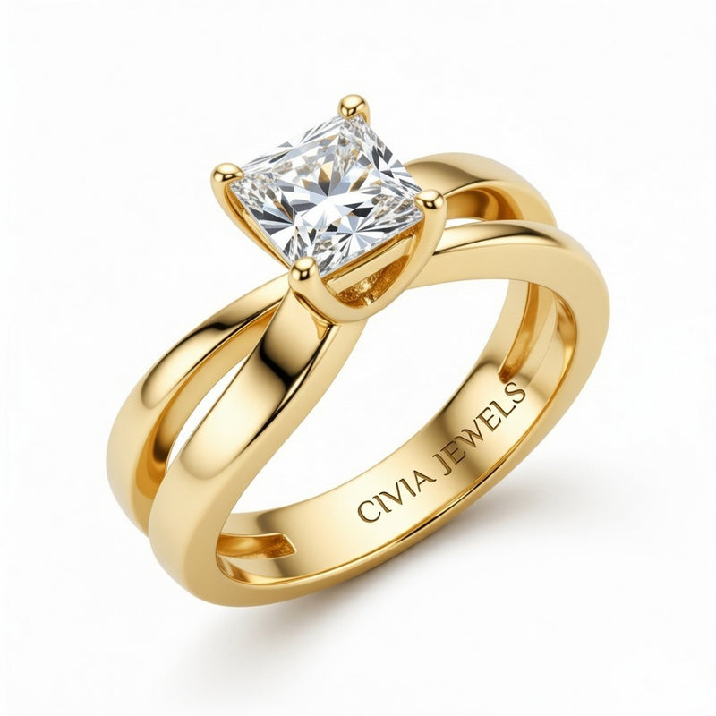 Yellow Gold Princess Cut Solitaire Engagement Ring With Sculpted Multirow Twist Shank